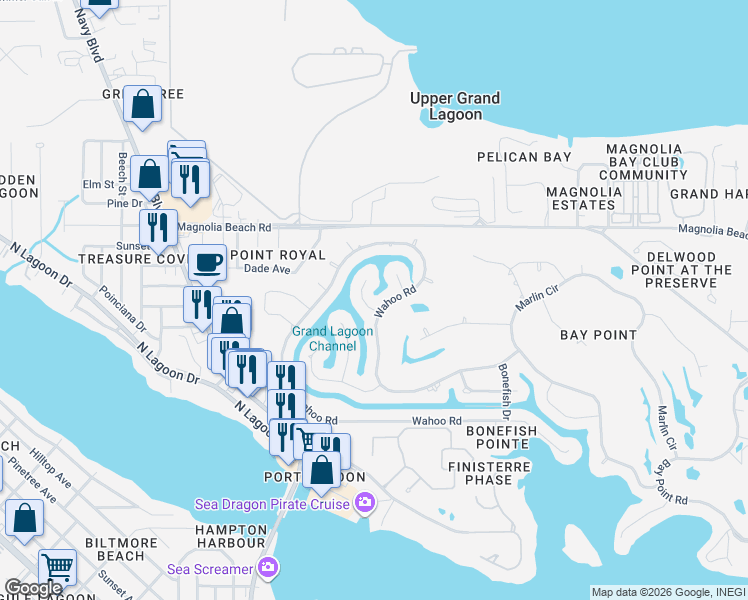 map of restaurants, bars, coffee shops, grocery stores, and more near 1602 Wahoo Lane in Panama City Beach