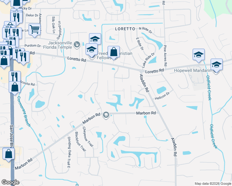 map of restaurants, bars, coffee shops, grocery stores, and more near 3534 Sheldrake Drive in Jacksonville