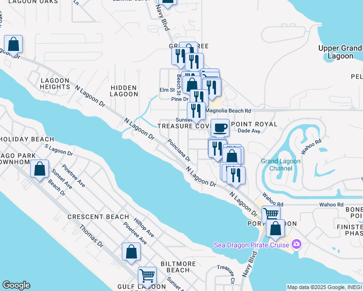 map of restaurants, bars, coffee shops, grocery stores, and more near 2701 Beech Street in Panama City