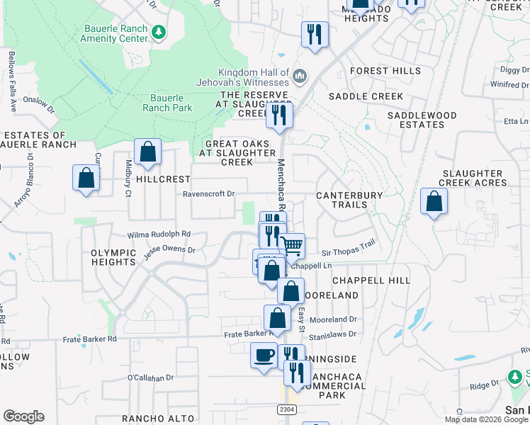 map of restaurants, bars, coffee shops, grocery stores, and more near 11330 Menchaca Road in Austin