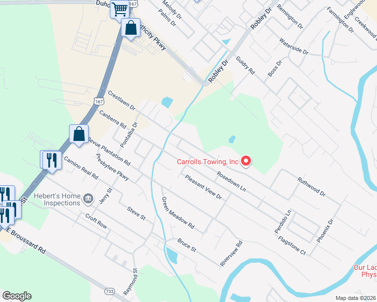 map of restaurants, bars, coffee shops, grocery stores, and more near 713 Rosedown Ln in Lafayette