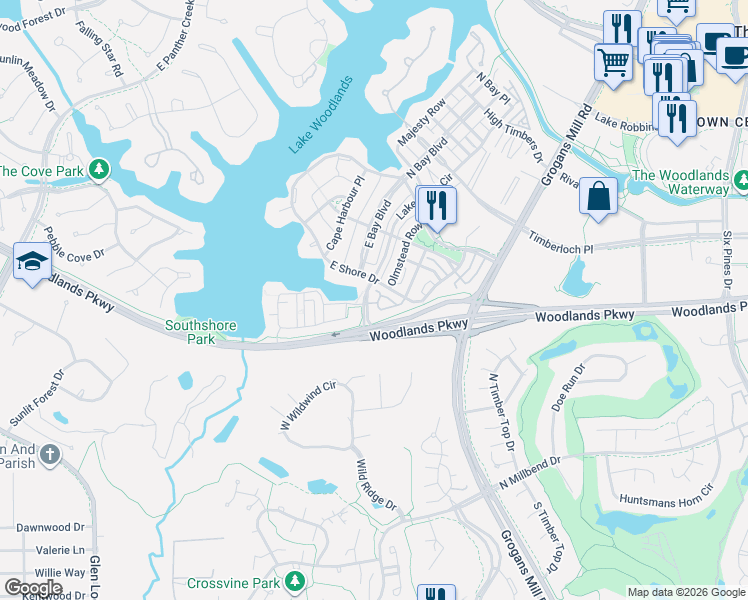 map of restaurants, bars, coffee shops, grocery stores, and more near 99 Gateway Park Place in Spring