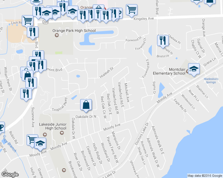 map of restaurants, bars, coffee shops, grocery stores, and more near 170 Vanderford Road West in Orange Park