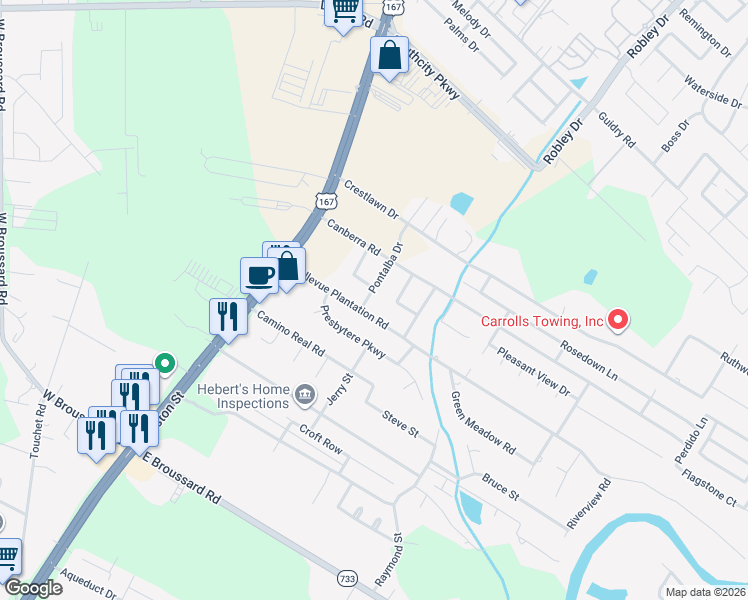 map of restaurants, bars, coffee shops, grocery stores, and more near 102 Pontalba Drive in Lafayette