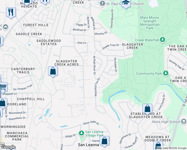 map of restaurants, bars, coffee shops, grocery stores, and more near 10714 Watchful Fox Drive in Austin