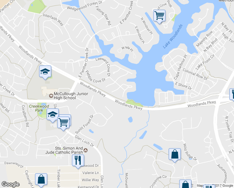 map of restaurants, bars, coffee shops, grocery stores, and more near 99 West Racing Cloud Court in Spring