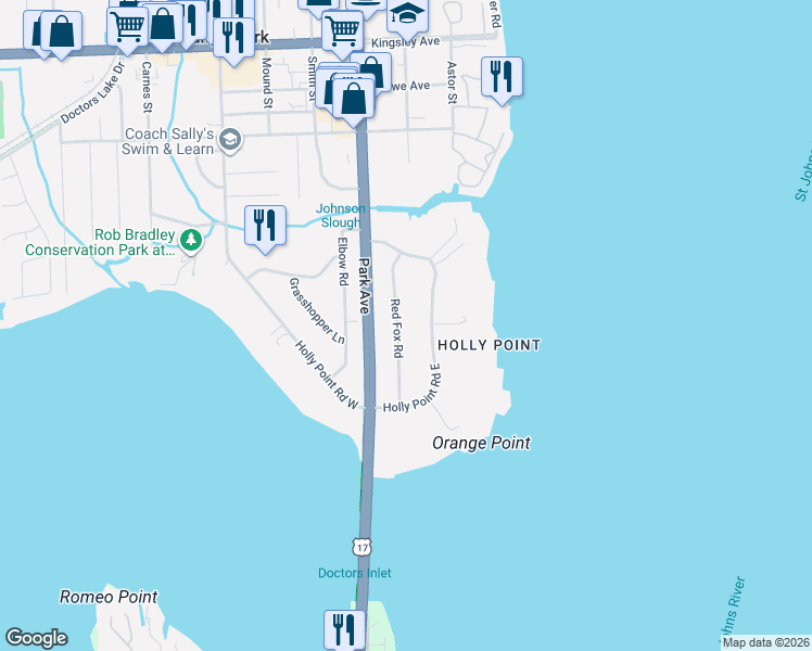 map of restaurants, bars, coffee shops, grocery stores, and more near 2637 Red Fox Road in Orange Park
