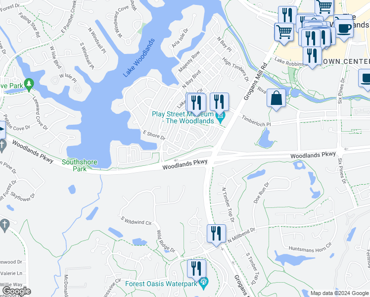 map of restaurants, bars, coffee shops, grocery stores, and more near 42 Shell Port Square in Spring