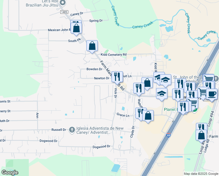 map of restaurants, bars, coffee shops, grocery stores, and more near 20115 Ruby Lane in New Caney
