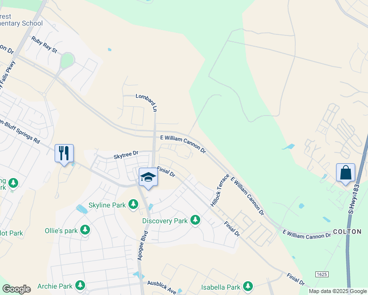 map of restaurants, bars, coffee shops, grocery stores, and more near 8102-8476 Colton-Bluff Springs Road in Austin
