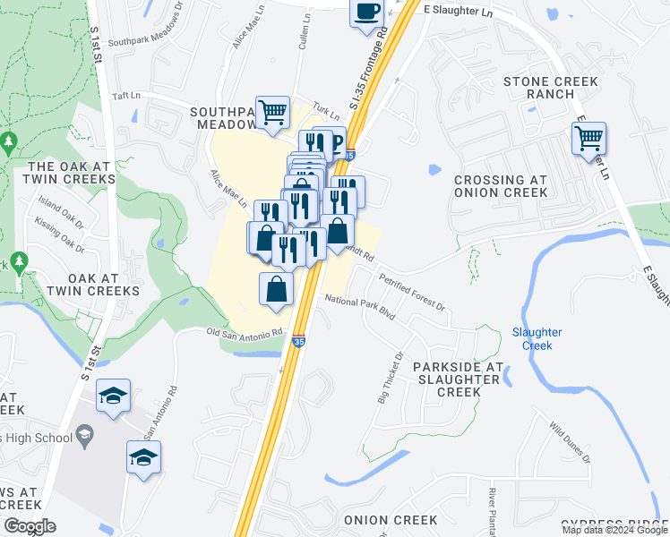 map of restaurants, bars, coffee shops, grocery stores, and more near 10045 South Interstate 35 Frontage Road in Austin