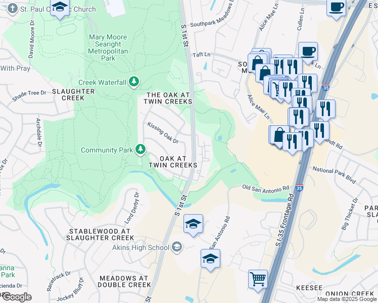 map of restaurants, bars, coffee shops, grocery stores, and more near 10101 South 1st Street in Austin