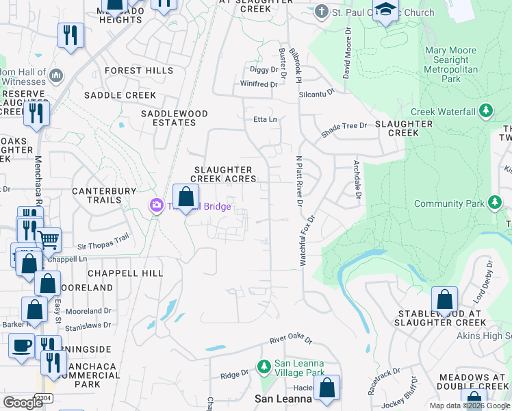 map of restaurants, bars, coffee shops, grocery stores, and more near 10900 Slaughter Creek Drive in Austin