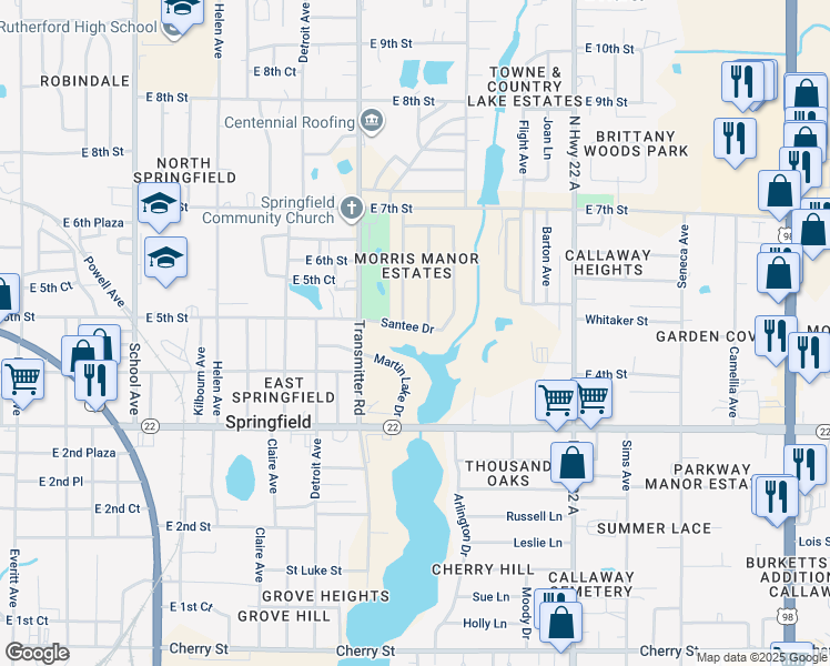 map of restaurants, bars, coffee shops, grocery stores, and more near 106 Santee Drive in Panama City