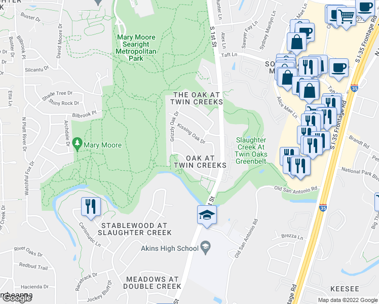 map of restaurants, bars, coffee shops, grocery stores, and more near 313 Hogg Pecan Pass in Austin