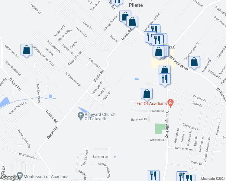 map of restaurants, bars, coffee shops, grocery stores, and more near 216 Rials Drive in Lafayette