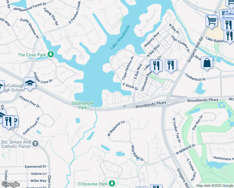 map of restaurants, bars, coffee shops, grocery stores, and more near 39 East Breezy Way in The Woodlands