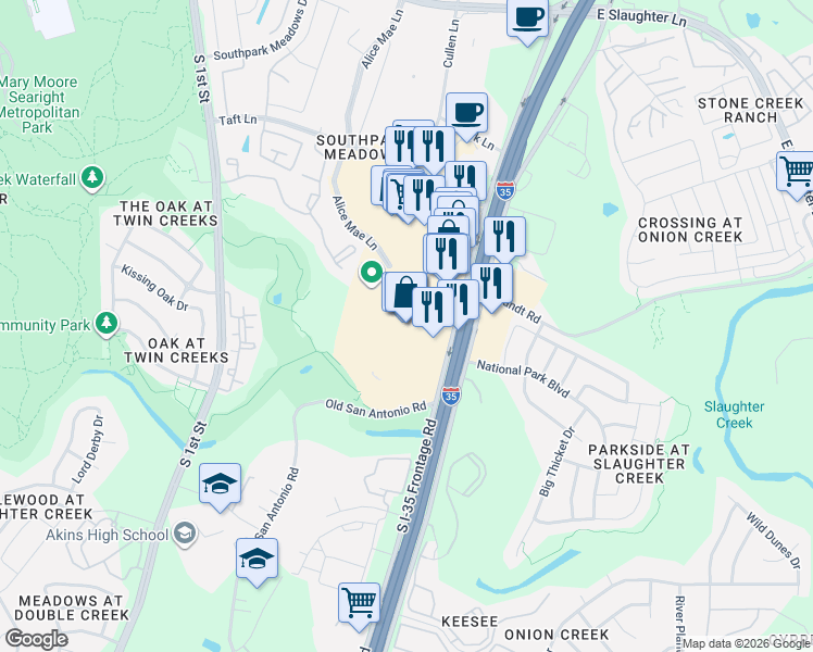 map of restaurants, bars, coffee shops, grocery stores, and more near 9900 Interstate 35 in Austin