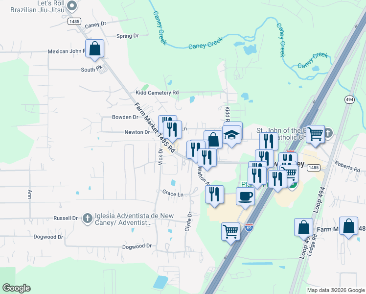 map of restaurants, bars, coffee shops, grocery stores, and more near 20141 Farm to Market 1485 in New Caney
