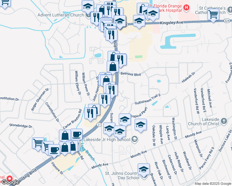 map of restaurants, bars, coffee shops, grocery stores, and more near 511 State Road 21 in Melrose