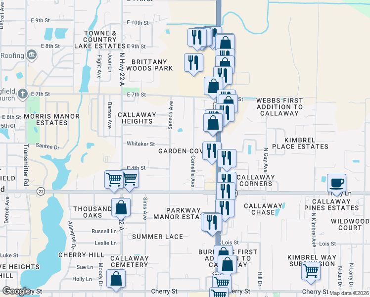 map of restaurants, bars, coffee shops, grocery stores, and more near 5312 Garden Cove Road in Panama City