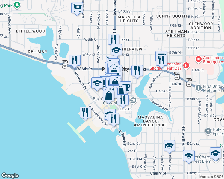 map of restaurants, bars, coffee shops, grocery stores, and more near 437 Harrison Avenue in Panama City