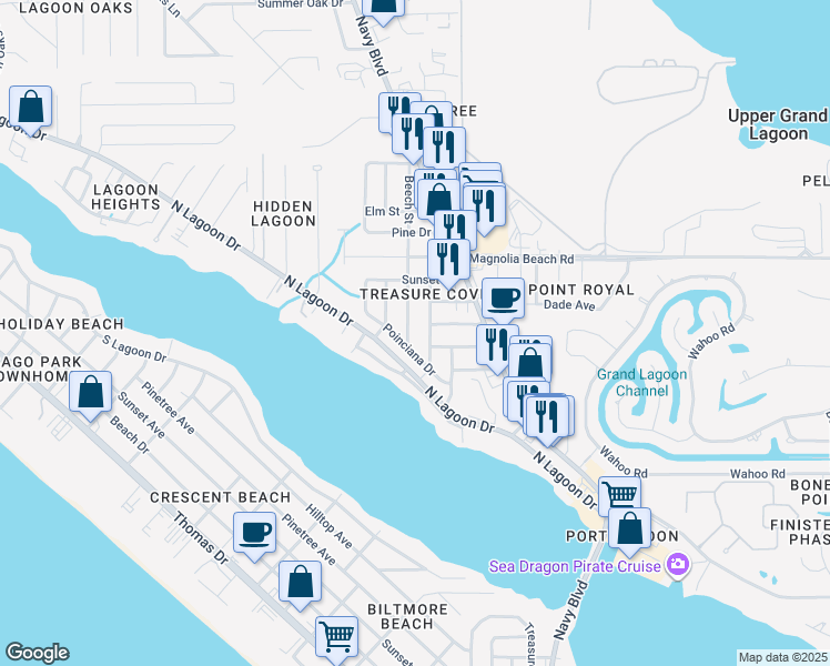 map of restaurants, bars, coffee shops, grocery stores, and more near 2701 Beech Street in Panama City