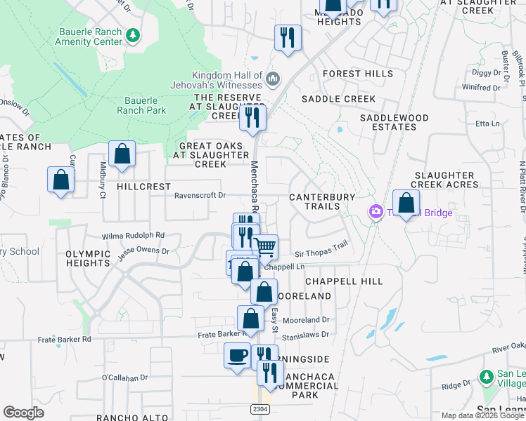 map of restaurants, bars, coffee shops, grocery stores, and more near 11128 Lost Maples Trail in Austin
