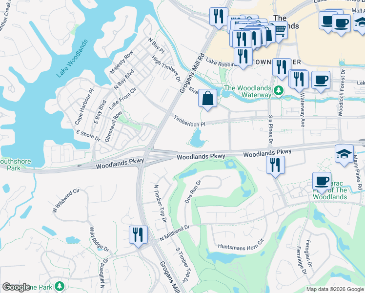 map of restaurants, bars, coffee shops, grocery stores, and more near 1802-2298 Woodlands Pkwy in The Woodlands