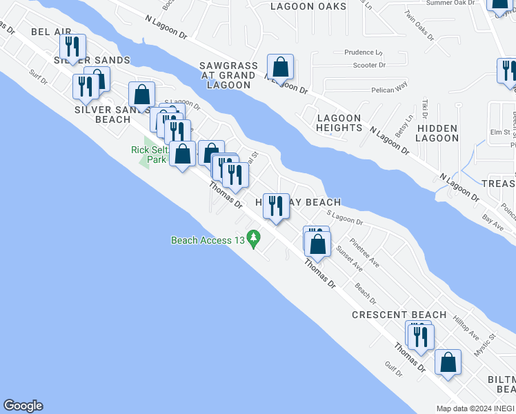 map of restaurants, bars, coffee shops, grocery stores, and more near 6812 Thomas Drive in Panama City Beach