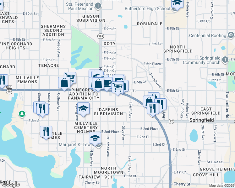 map of restaurants, bars, coffee shops, grocery stores, and more near 410 Kraft Avenue in Panama City