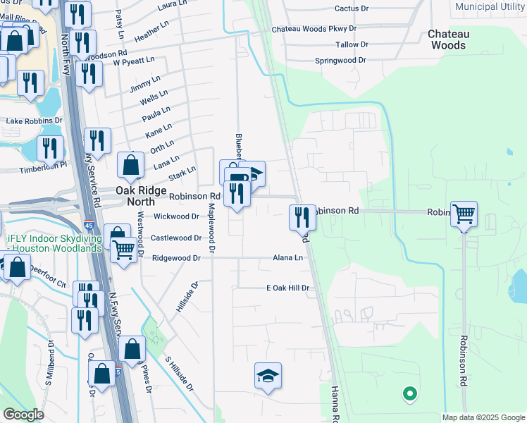 map of restaurants, bars, coffee shops, grocery stores, and more near 27436 Robinson Road in Spring