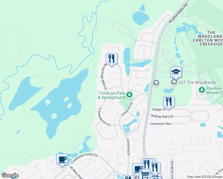 map of restaurants, bars, coffee shops, grocery stores, and more near 119 North Greenprint Circle in Tomball