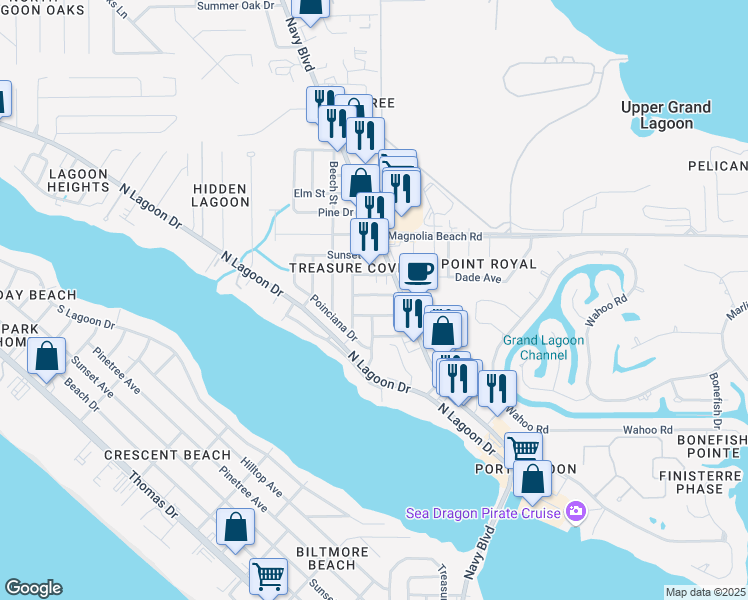 map of restaurants, bars, coffee shops, grocery stores, and more near 6214 Orange Plaza in Panama City Beach
