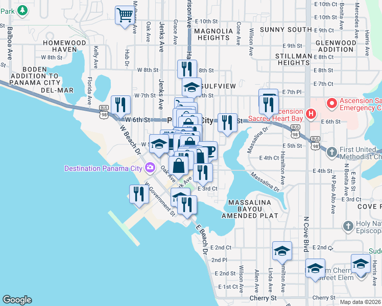 map of restaurants, bars, coffee shops, grocery stores, and more near 437 Harrison Avenue in Panama City