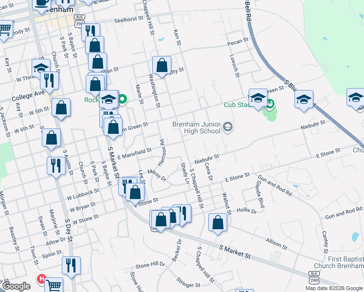 map of restaurants, bars, coffee shops, grocery stores, and more near 801 Walnut Hill Drive in Brenham