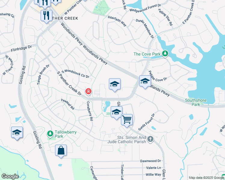 map of restaurants, bars, coffee shops, grocery stores, and more near 3800 South Panther Creek Drive in The Woodlands
