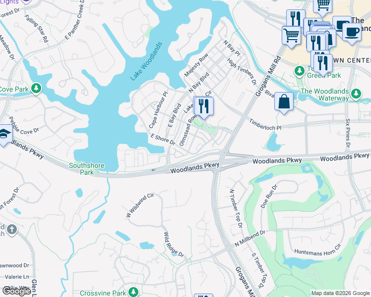 map of restaurants, bars, coffee shops, grocery stores, and more near 99 Gateway Park Place in Spring