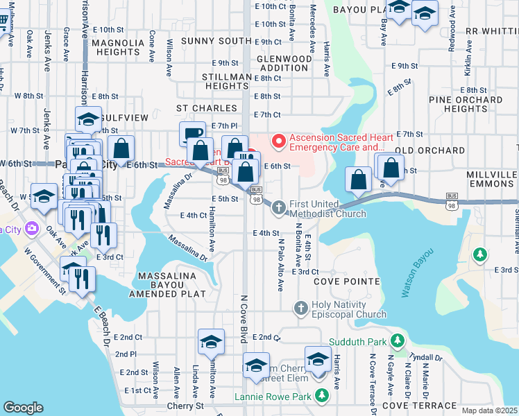 map of restaurants, bars, coffee shops, grocery stores, and more near 433 North Macarthur Avenue in Panama City