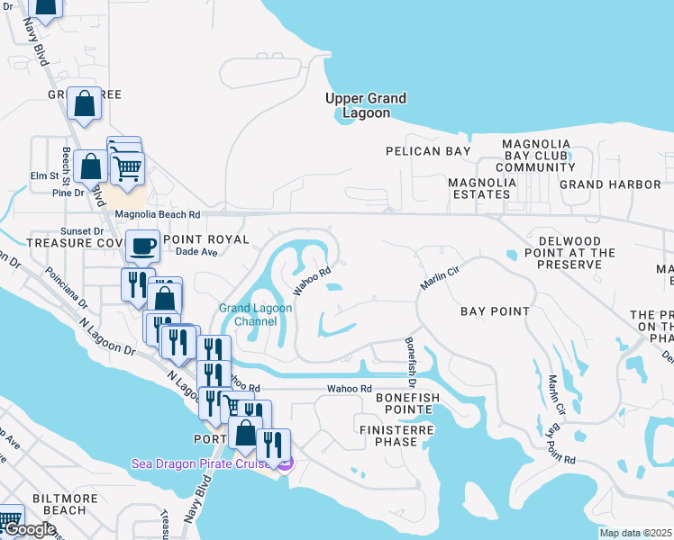 map of restaurants, bars, coffee shops, grocery stores, and more near 380 Wahoo Road in Panama City Beach