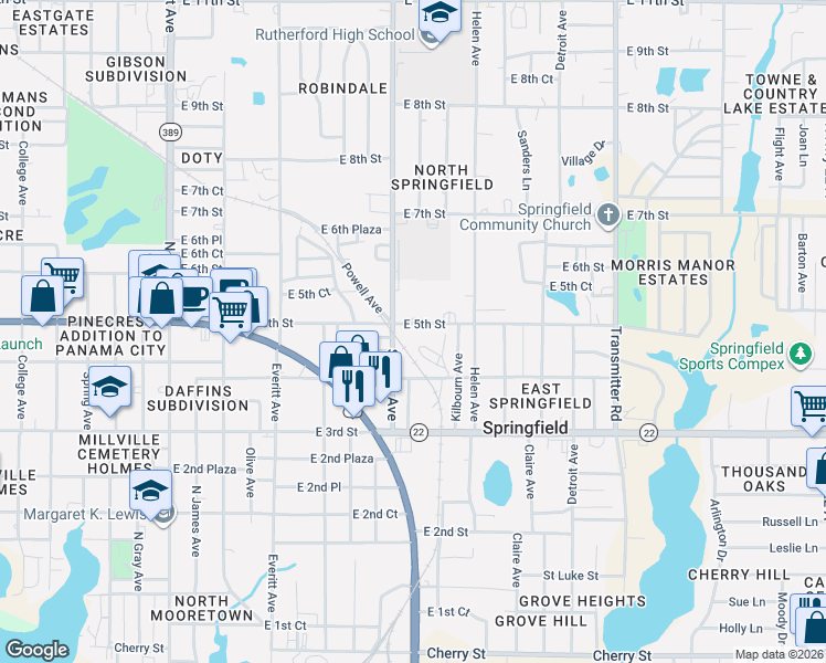 map of restaurants, bars, coffee shops, grocery stores, and more near 3521 East 4th Street in Panama City
