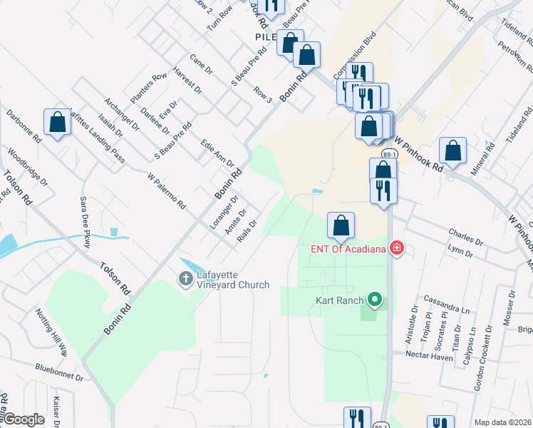 map of restaurants, bars, coffee shops, grocery stores, and more near 123 Rials Drive in Lafayette