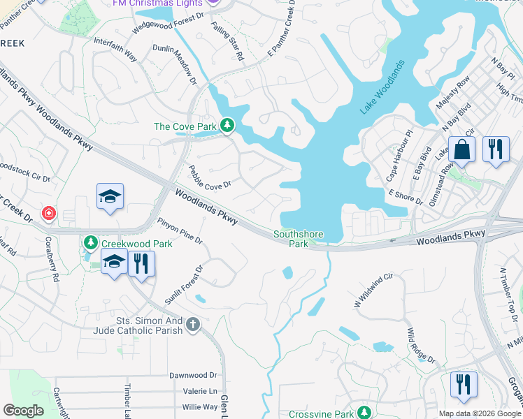 map of restaurants, bars, coffee shops, grocery stores, and more near 99 West Racing Cloud Court in Spring