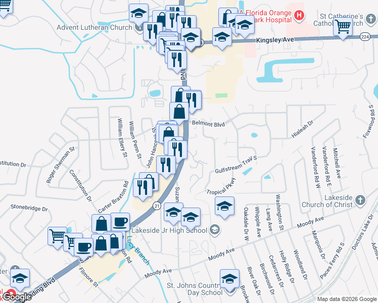map of restaurants, bars, coffee shops, grocery stores, and more near 102 Kettering Way in Orange Park