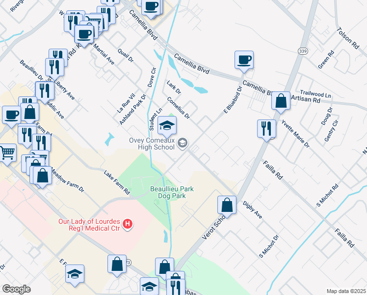 map of restaurants, bars, coffee shops, grocery stores, and more near 100 West Bluebird Drive in Lafayette