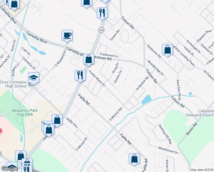 map of restaurants, bars, coffee shops, grocery stores, and more near 102 Kirk Dale Circle in Lafayette