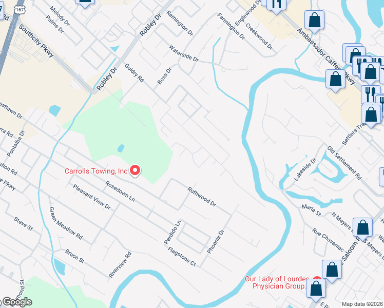 map of restaurants, bars, coffee shops, grocery stores, and more near Rutherford Court in Lafayette