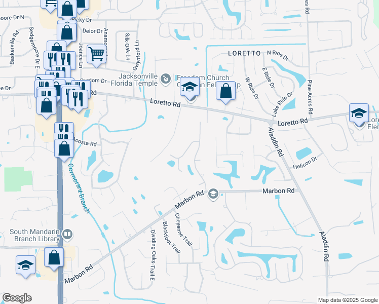 map of restaurants, bars, coffee shops, grocery stores, and more near 11873 Honey Locust Drive in Jacksonville