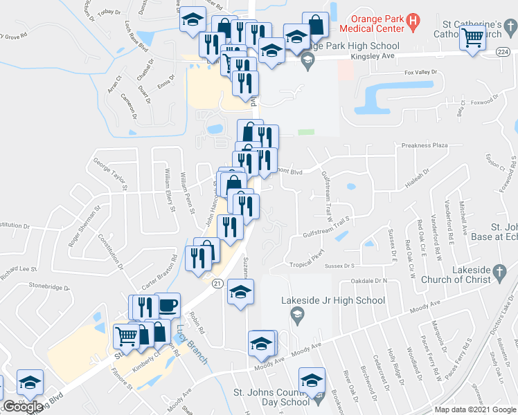 map of restaurants, bars, coffee shops, grocery stores, and more near 102 Kettering Way in Orange Park