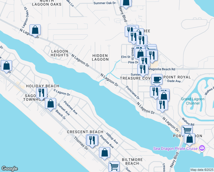 map of restaurants, bars, coffee shops, grocery stores, and more near 6545 North Lagoon Drive in Panama City
